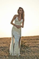 Ivory Lace Off-the-Shoulder Boho Backless Beach Wedding Dresses with Front Split, MW174